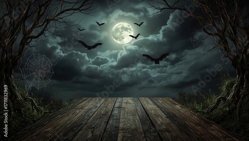 Spooky Halloween Night Wooden Table Background
