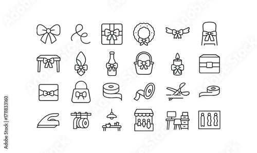 vector outline icons Ribbons (Scenes) bow tying curl twirling gift wrapping wreath bow garland bow chair sash table runner napkin tie bottle tie basket tie candle tie box card bag handle.
