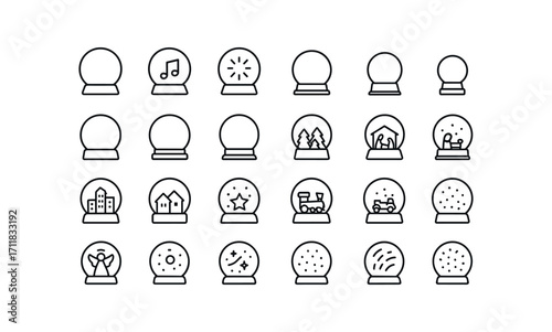 vector outline icons Snow Globes (Types) classic globe music globe light globe mini globe giant globe glass globe plastic globe wood base metal base resin base round base square base city.