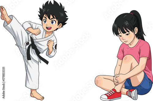 Karate boy in action pose, injured girl sitting on ground, martial arts concept, cartoon illustration, sports safety awareness, vector children character design, education