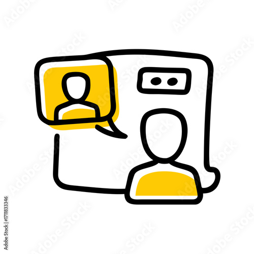Simple yellow icon representing a person in a square frame with a speech bubble and a mouse cursor on a black background