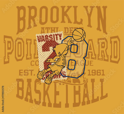 Fun cartoon basketball kids team, vintage vector print for children t shirt sweatshirt sportswear activewear