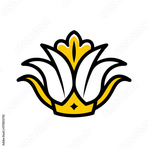 Elegant golden royal crown symbol with ornate flourishes on a stark black background representing power and prestige