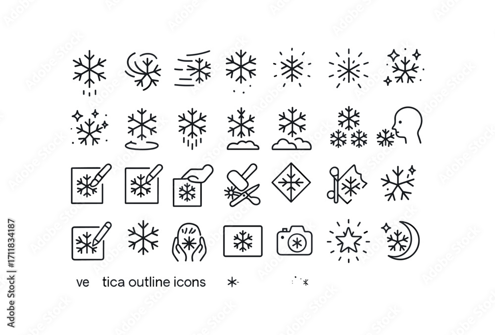 Fototapeta premium vector outline icons Snowflakes (Scenes) flake falling flake swirling flake drifting flake scattering flake glowing flake shining flake sparkling flake melting flake freezing flake piling.