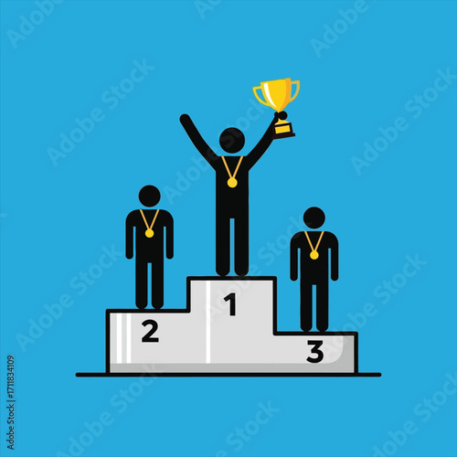 Winners stand on podium holding gold trophy Champion with medals on a victory stand