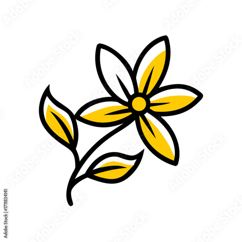 Stylized yellow flower with scattered petals against a stark black background representing simplicity and nature s beauty in a graphic design