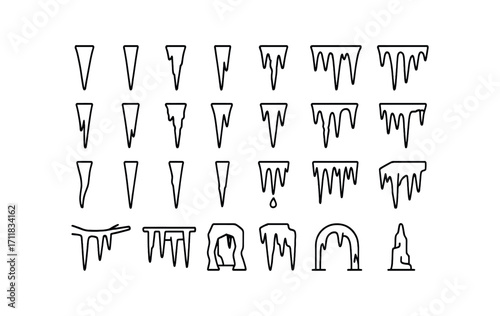 vector outline icons Icicles (Types) thin icicle thick icicle short icicle long icicle single icicle cluster icicle sharp icicle blunt icicle frosted icicle clear icicle blue icicle white.