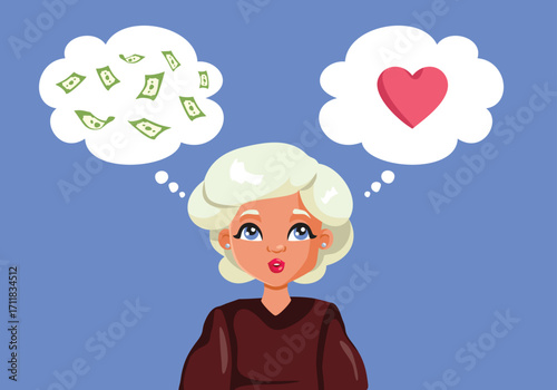 Woman Deciding between Love and Money Vector Cartoon. Lady has to decide between marrying for money or for love 
