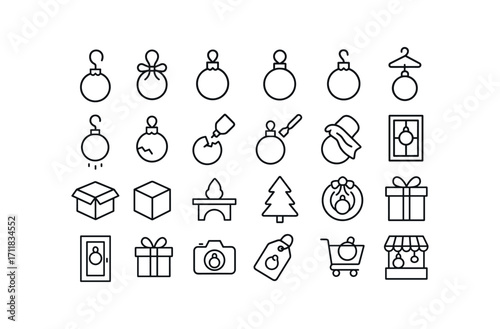 vector outline icons Ornaments (Scenes) hook attaching string tying cap securing loop fixing hanger clipping ornament hanging ornament dropping ornament breaking glue repairing paint.