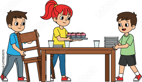 Kids helping at home, children setting table, teamwork, happy family, preparing party, sharing food, celebration, chores, togetherness, lifestyle, concept