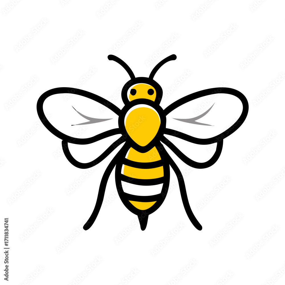 Fototapeta premium Stylized yellow and black bee illustration with simple wings on a solid black background