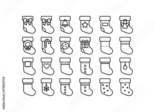 vector outline icons Stockings (Decorations) stocking ribbon stocking bow stocking bell stocking star stocking angel stocking wreath stocking candy stocking cookie stocking gift stocking.
