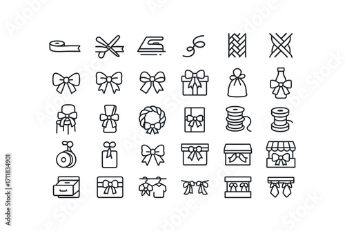 vector outline icons Ribbons (Scenes) ribbon measuring ribbon cutting ribbon ironing ribbon curling ribbon weaving ribbon braiding bow tying bow fluffing tag tying box banding bag tying.