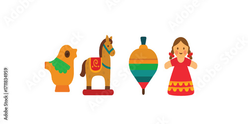 Print  Flat modern vector icons of Indian folk toys – clay whistle, wooden horse, spinning top, and rag doll, colorful design.