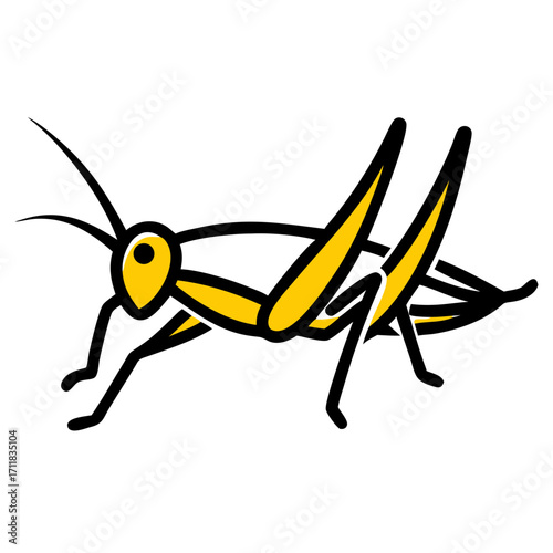 Stylized yellow grasshopper silhouette with large hind legs on a black background representing movement and nature