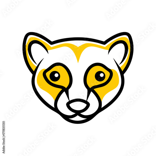 Stylized minimalist yellow raccoon face with large eyes and pointed ears on a solid black background abstract animal portrait
