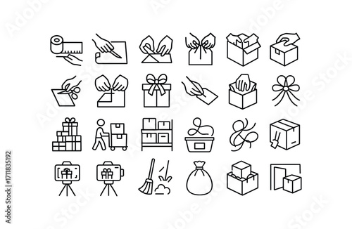 vector outline icons Wrapping (Scenes) paper measuring paper cutting paper folding box building box filling box closing tape pulling seam sealing bow making tag writing bag stuffing crate.