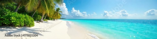 Sun-drenched white sand beach in the Maldives, turquoise water laps gently at the shore, lush tropical vegetation in the background  Perfect tropical getaway scene ,  relaxing,  tropical