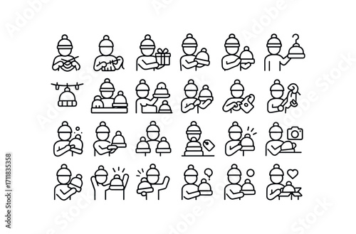 vector outline icons Hats (Scenes) hat knitting hat sewing hat gifting hat wrapping hat wearing hat hanging hat drying hat storing hat selling hat buying hat repairing hat patching hat.