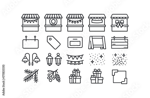 vector outline icons Markets (Decorations) stall garland stall wreath stall lights stall banner stall ribbon stall bow sign board price tag name card chalk sign wood sign metal sign lamp.