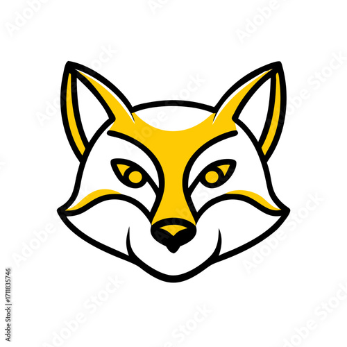 Minimalist yellow fox face logo design with sharp ears and piercing eyes on a stark black background