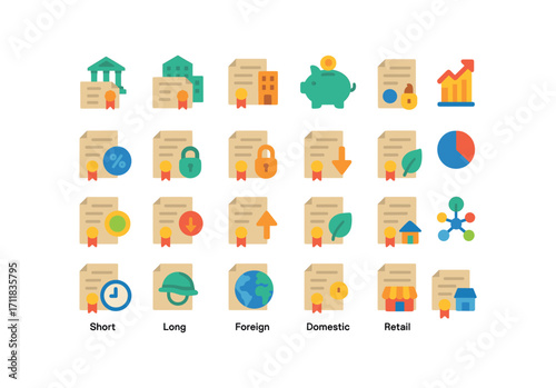colorful flat vector icons Bond (Types) bond treasury bond municipal bond corporate bond government bond savings bond convertible bond fixed bond floating bond secured bond unsecured bond.
