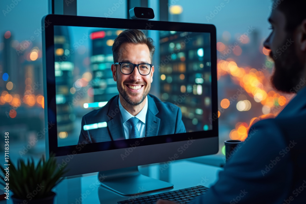 Obraz premium Virtual Meeting with Attorney: High Angle Shot Featuring Cityscape Reflection, Symbolizing Connectivity