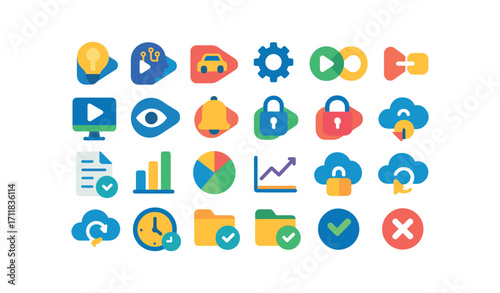 colorful flat vector icons Channel (Advanced) channel smart channel ai channel auto channel manual channel synced channel unsynced channel monitor channel track channel alert channel notify.