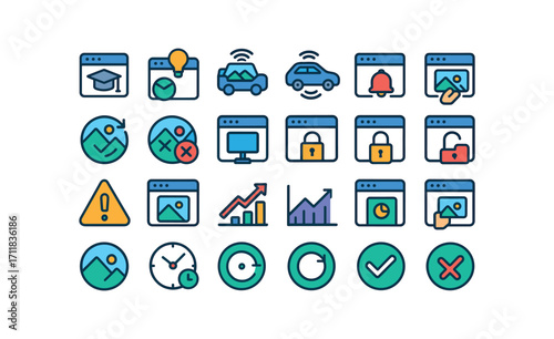 colorful flat vector icons Media Library (Advanced) medialibrary smart medialibrary ai medialibrary auto medialibrary manual medialibrary synced medialibrary unsynced medialibrary monitor.