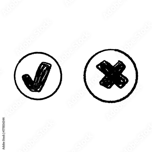 Hand drawn check mark and cross symbol vector illustration