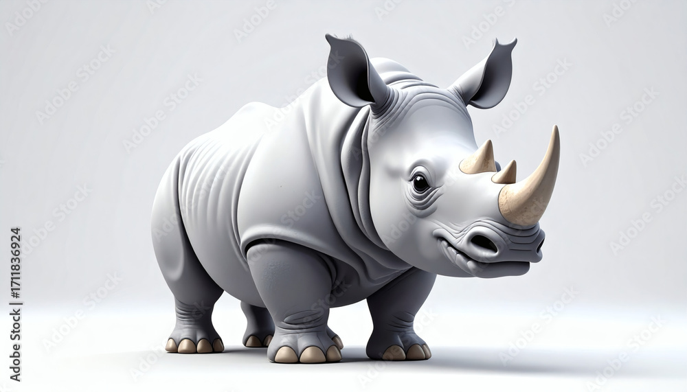Fototapeta premium Cartoonish rhino 3D icon cute playful wild animal illustration isolated on clean white background perfect for apps logos graphics decor