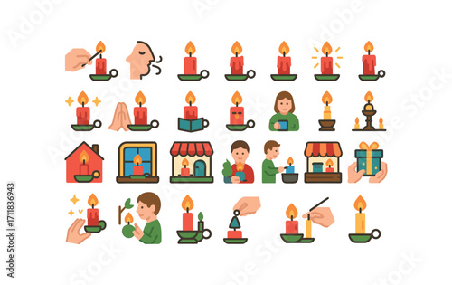 colorful flat vector icons Christmas Candles (Scenes) candle lighting candle blowing candle burning candle melting candle dripping candle glowing candle shining candle praying candle.