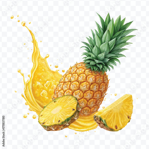 realistic fresh pineapple fruit with juice splash in different style isolated on transparent background