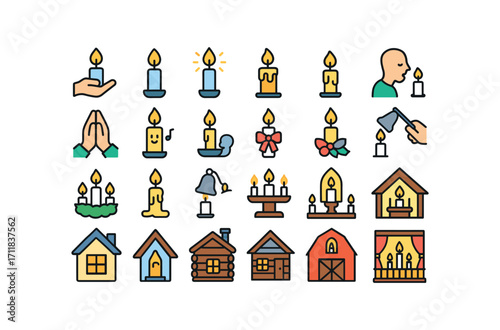 colorful flat vector icons Trees (Scenes) tree cutting tree carrying tree decorating tree lighting tree trimming tree admiring kids decorating family decorating pets near tree tree shopping.