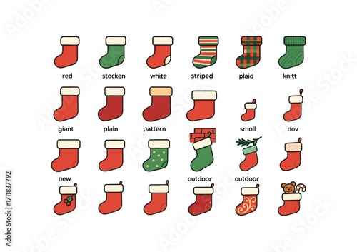 colorful flat vector icons Stockings (Types) red stocking green stocking white stocking striped stocking plaid stocking knit stocking felt stocking velvet stocking fur stocking big stocking.