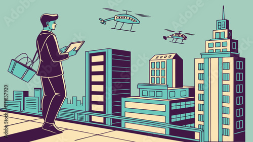 Drone Delivery Pilot Operating Futuristic Smart Drones Delivering Packages Across Digital City Skyline