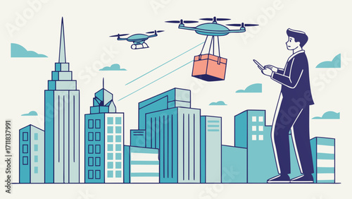 Drone Delivery Pilot Operating Futuristic Smart Drones Delivering Packages across Digital City 