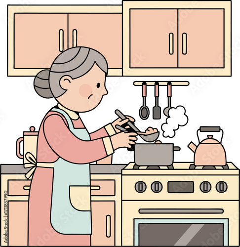 Grandma Cooking Soup in Cozy Home Kitchen – Cute Cartoon Vector Illustration of Elderly Woman Preparing Meal