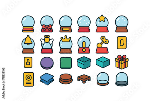 colorful flat vector icons Snow Globes (Decorations) base ribbon base bow base plaque name plate date plate star topper snow topper bell topper angel topper crown topper switch knob wind.