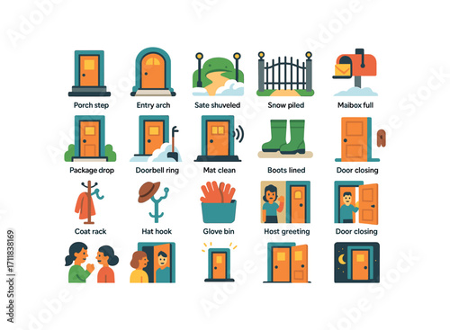 colorful flat vector icons Doorways (Scenes) porch step entry arch gate path fence gate path lights snow shoveled snow piled mailbox full package drop doorbell ring mat clean boots lined.