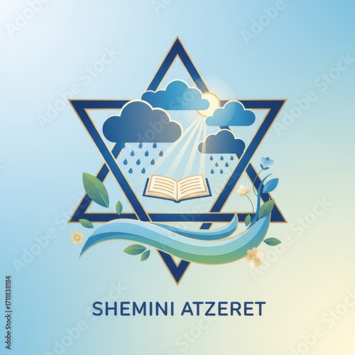Shemini Atzeret celebration symbol featuring a star and nature elements against a blue background