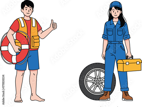 Lifeguard and mechanic characters, rescue and repair professions, safety workers, illustrated man and woman in uniform, flat vector design