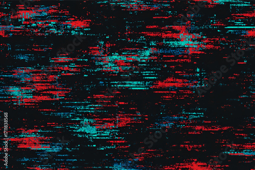 Abstract glitch art background with jagged horizontal red and teal streaks on dark textured surface