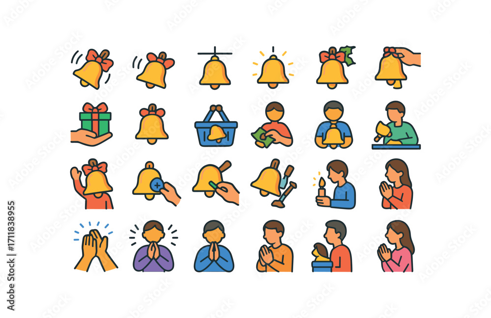 Fototapeta premium colorful flat vector icons Sleigh Bells (Scenes) bell ringing bell swinging bell hanging bell glowing bell shining bell decorating bell gifting bell wrapping bell selling bell buying bell.
