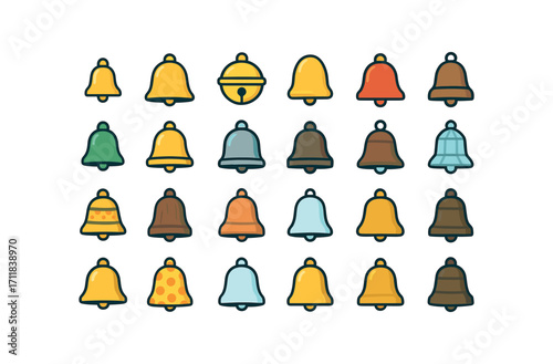 colorful flat vector icons Sleigh Bells (Types) small bell large bell round bell oval bell red bell green bell gold bell silver bell bronze bell iron bell brass bell wood bell clay bell.