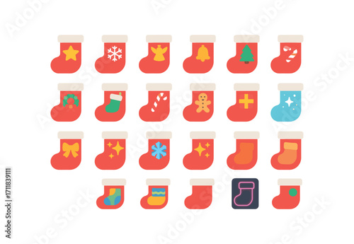 colorful flat vector icons Snow Boots (Decorations) boot star boot snow boot angel boot bell boot tree boot wreath boot stocking boot candy boot cookie boot gift boot ribbon boot bow boot.