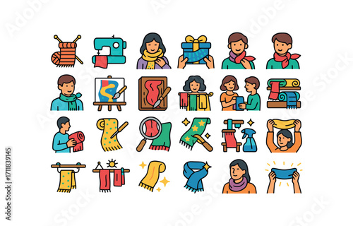 colorful flat vector icons Scarves (Scenes) scarf knitting scarf sewing scarf wrapping scarf gifting scarf wearing scarf tying scarf untying scarf painting scarf carving scarf selling scarf.
