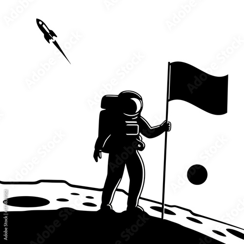 Silhouette of an astronaut planting a flag on the lunar surface, symbolizing space exploration and humanity's pioneering spirit