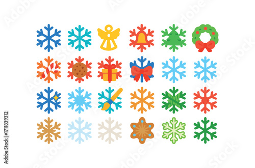 colorful flat vector icons Snowflakes (Decorations) flake star flake snow flake angel flake bell flake tree flake wreath flake stocking flake candy flake cookie flake gift flake ribbon.