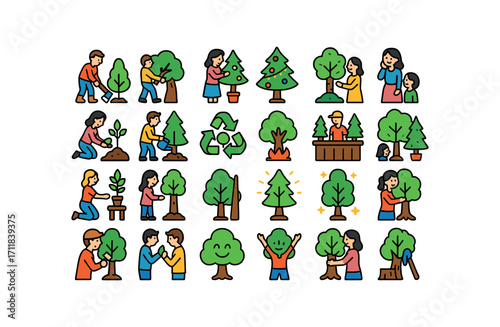 colorful flat vector icons Trees (Scenes) tree cutting tree carrying tree decorating tree lighting tree admiring tree planting tree watering tree recycling tree burning tree selling tree.
